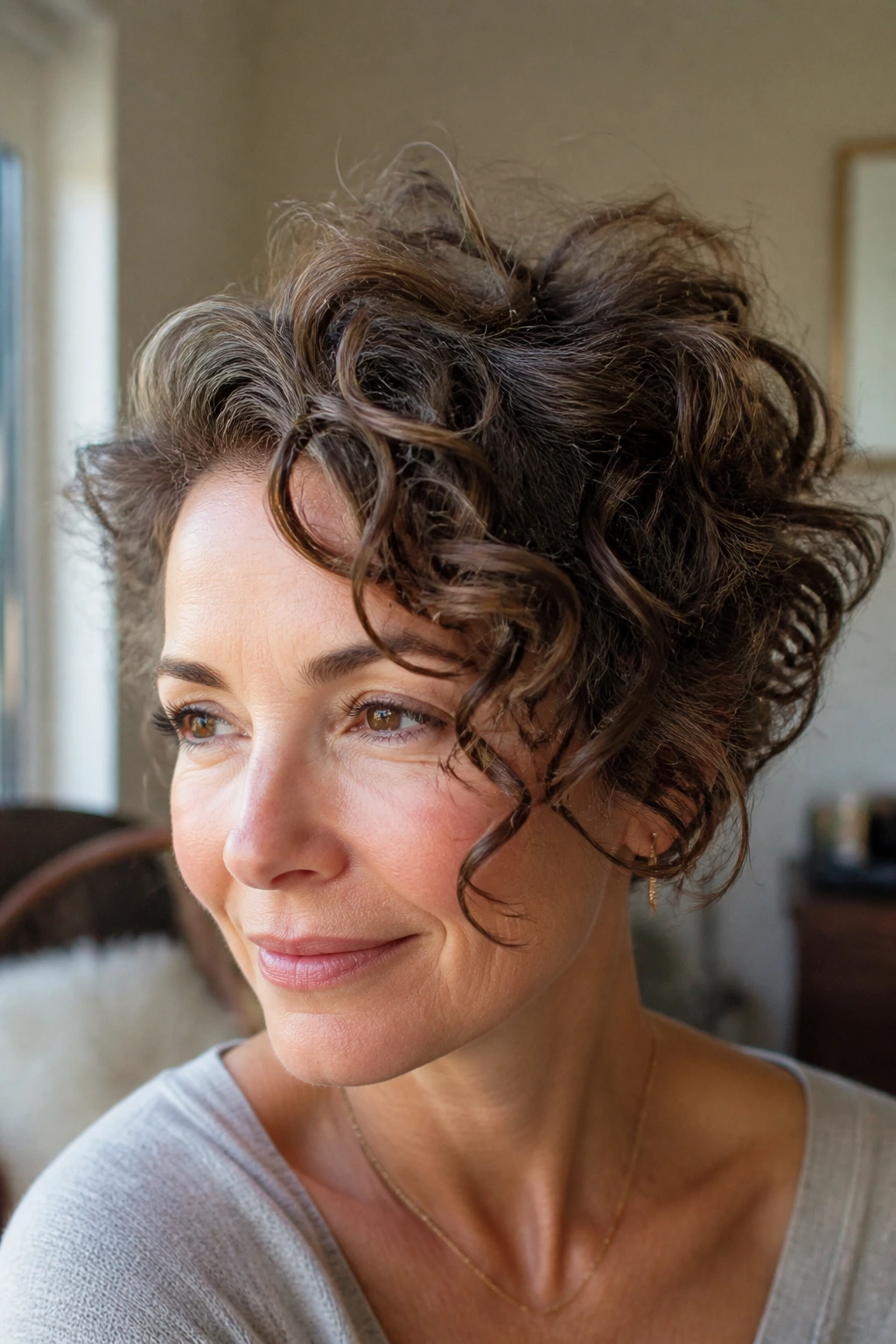 Close-up of a real woman with crown lift and defined front curls in an asymmetrical cut