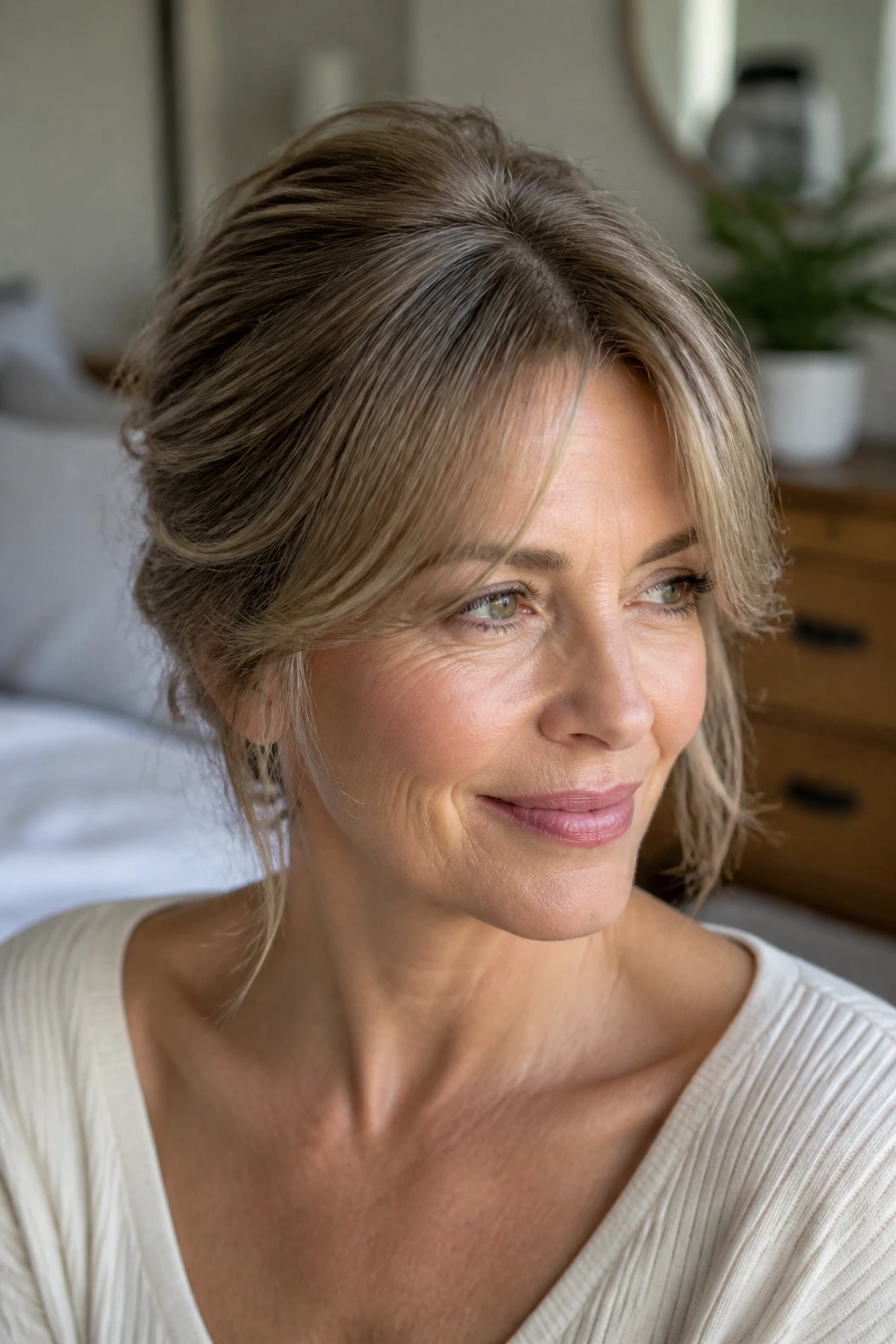 Real woman with crown-lift layers on fine hair and curtain bangs, in a softly lit bedroom.