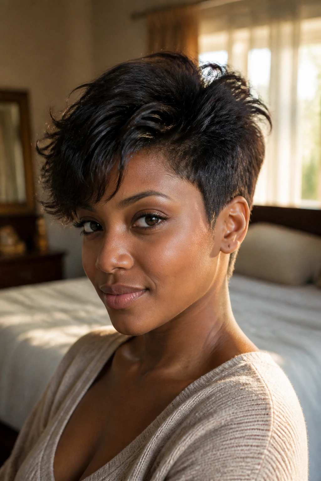 Close-up portrait of a real Black woman with fine hair showing crown lift at the roots in soft bedroom light
