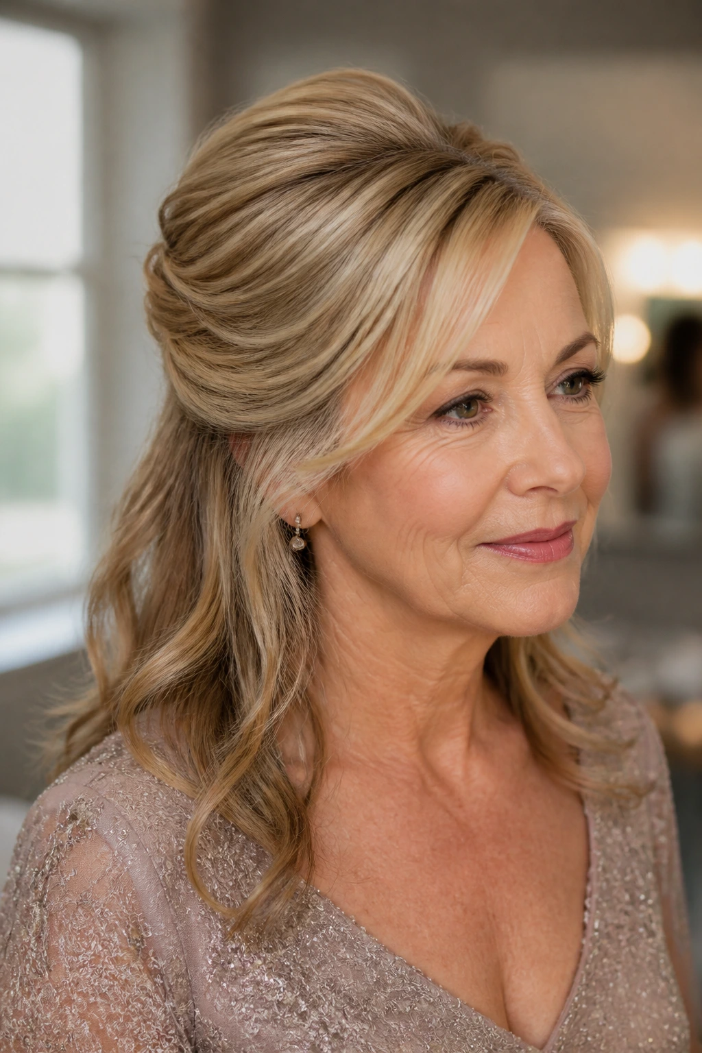 Close-up of woman with crown-lift half-up hairstyle for fine hair