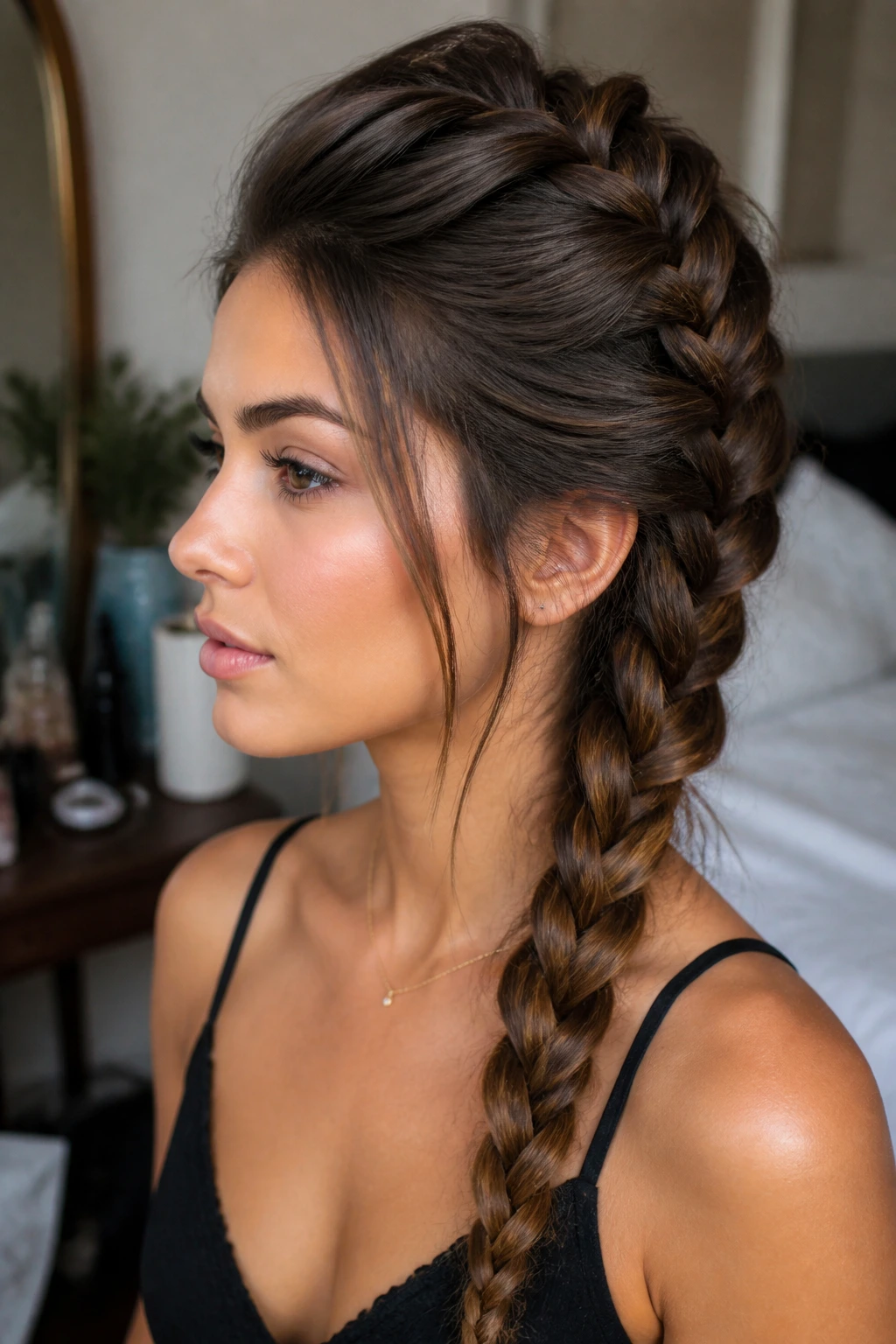 Close-up of crown-lift French braid with elevated crown.