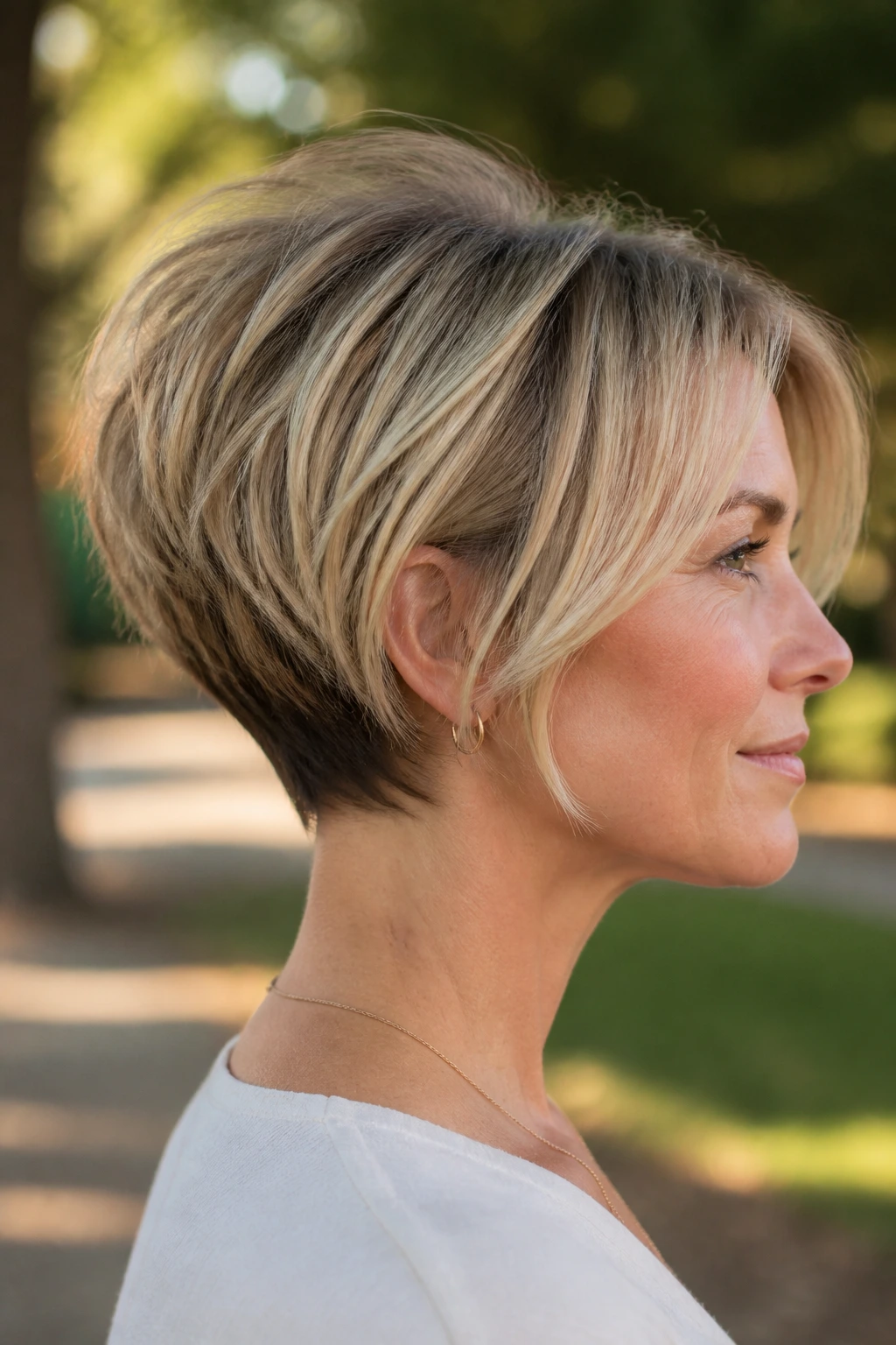 Close-up of real woman with crown lift demonstrating lift and shape