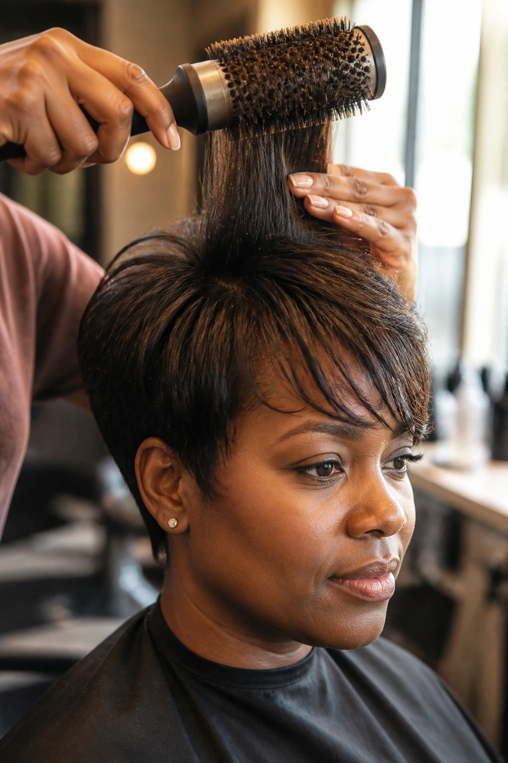 Woman in salon with round brush lifting crown to prevent flat thin hair