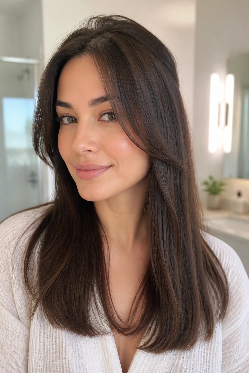 Close-up of crown lift and soft front bend in straight hair
