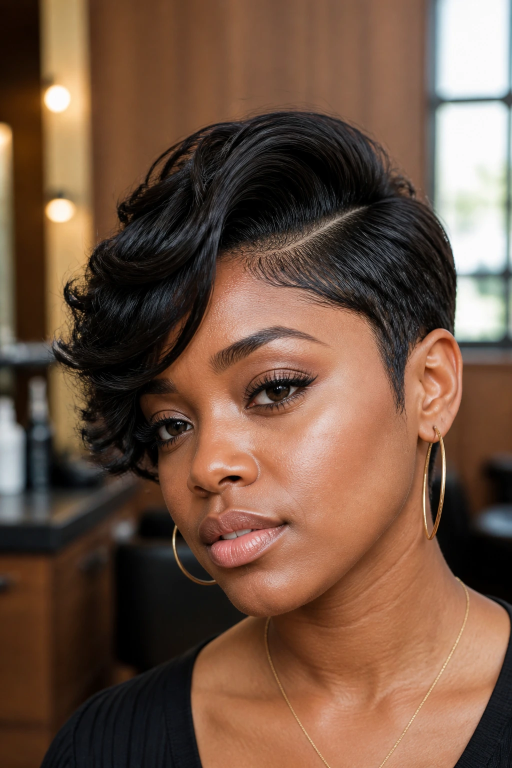 Close-up portrait of a real Black woman with crown lift and side-swept detail in a salon