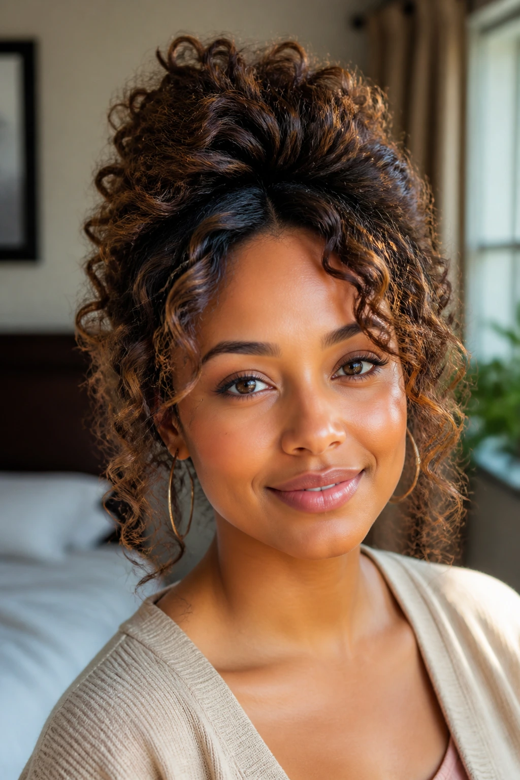 Close-up portrait of crown lift hairstyle creating a vertical line for a round face