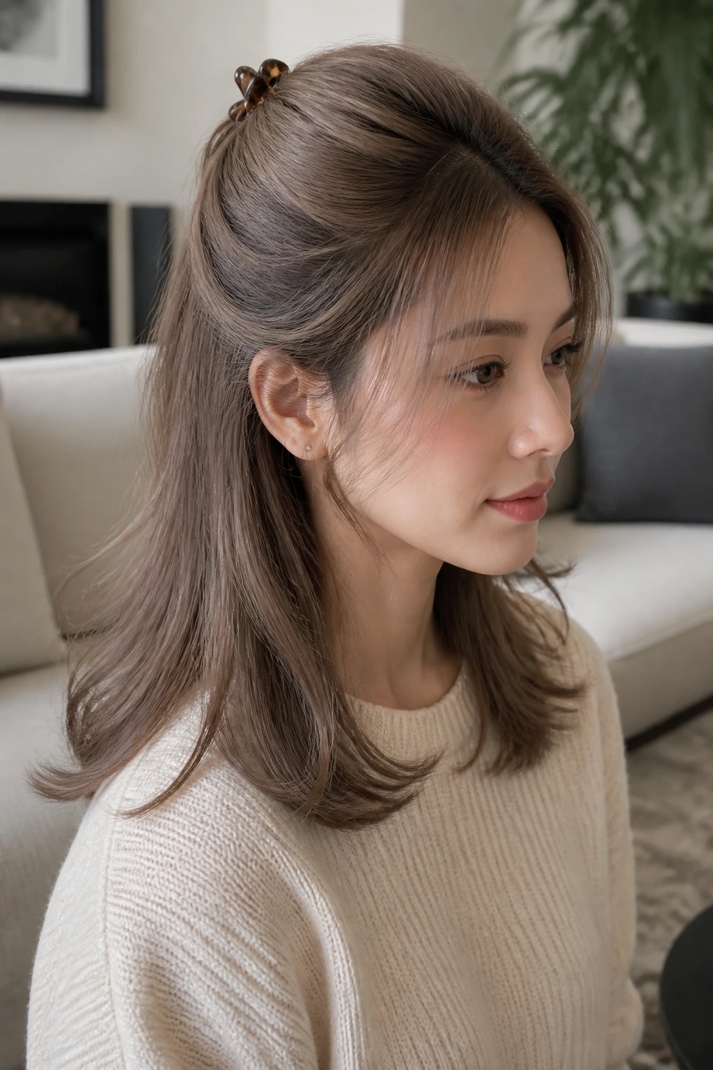 Real woman with crown-lift half-up clip showcasing lifted crown