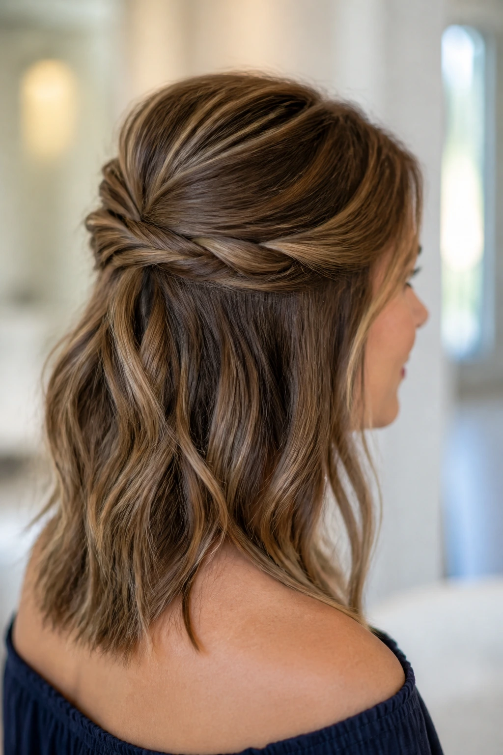 Close-up of crown-lift half-up twist showing lifted crown and loose lower hair