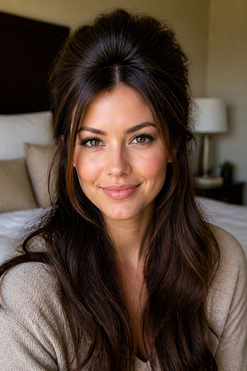 Close-up portrait of a woman with crown lift balancing a heart-shaped face and thick hair