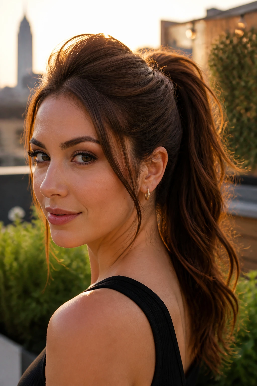 Woman with crown-lift high ponytail in golden hour rooftop