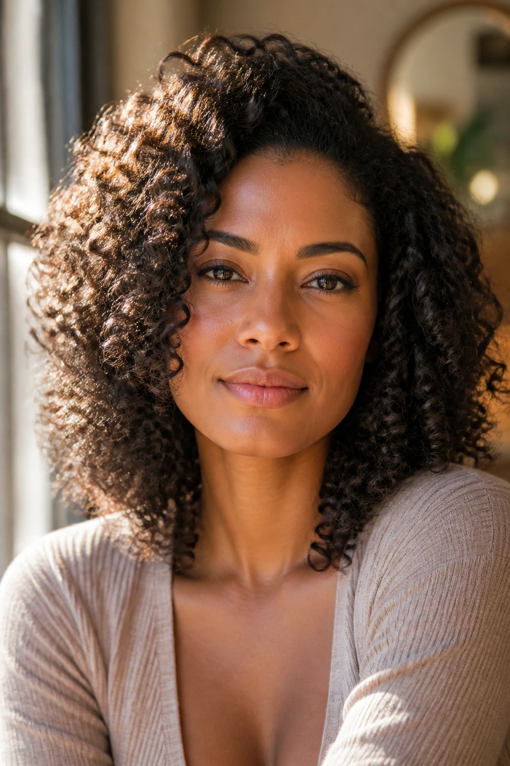 Close-up of a woman with crown lift and jaw-framing curls