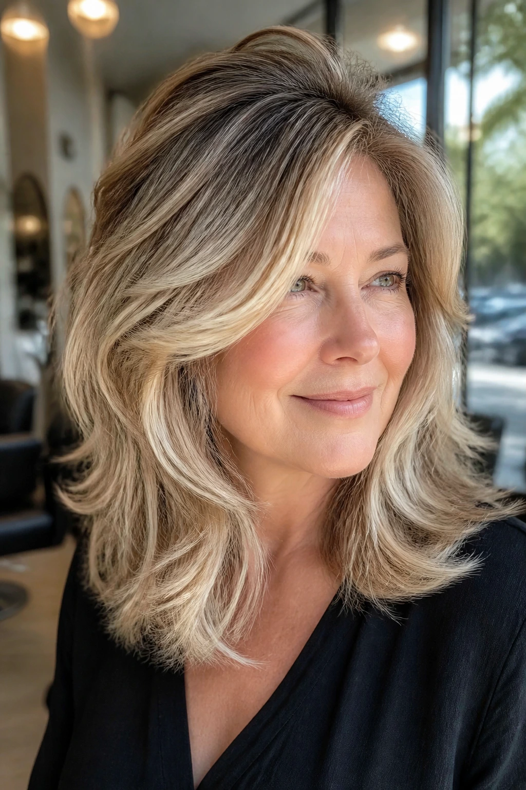 Close-up of a woman with crown-lifted layers and buttercream balayage under bright salon daylight