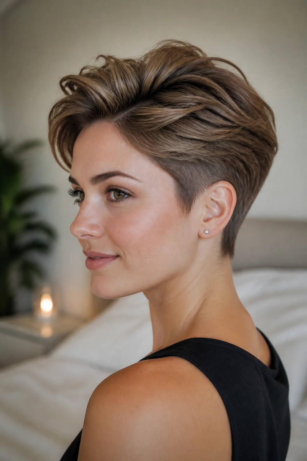 Young woman with crown-lift layered crop hairstyle in bright room