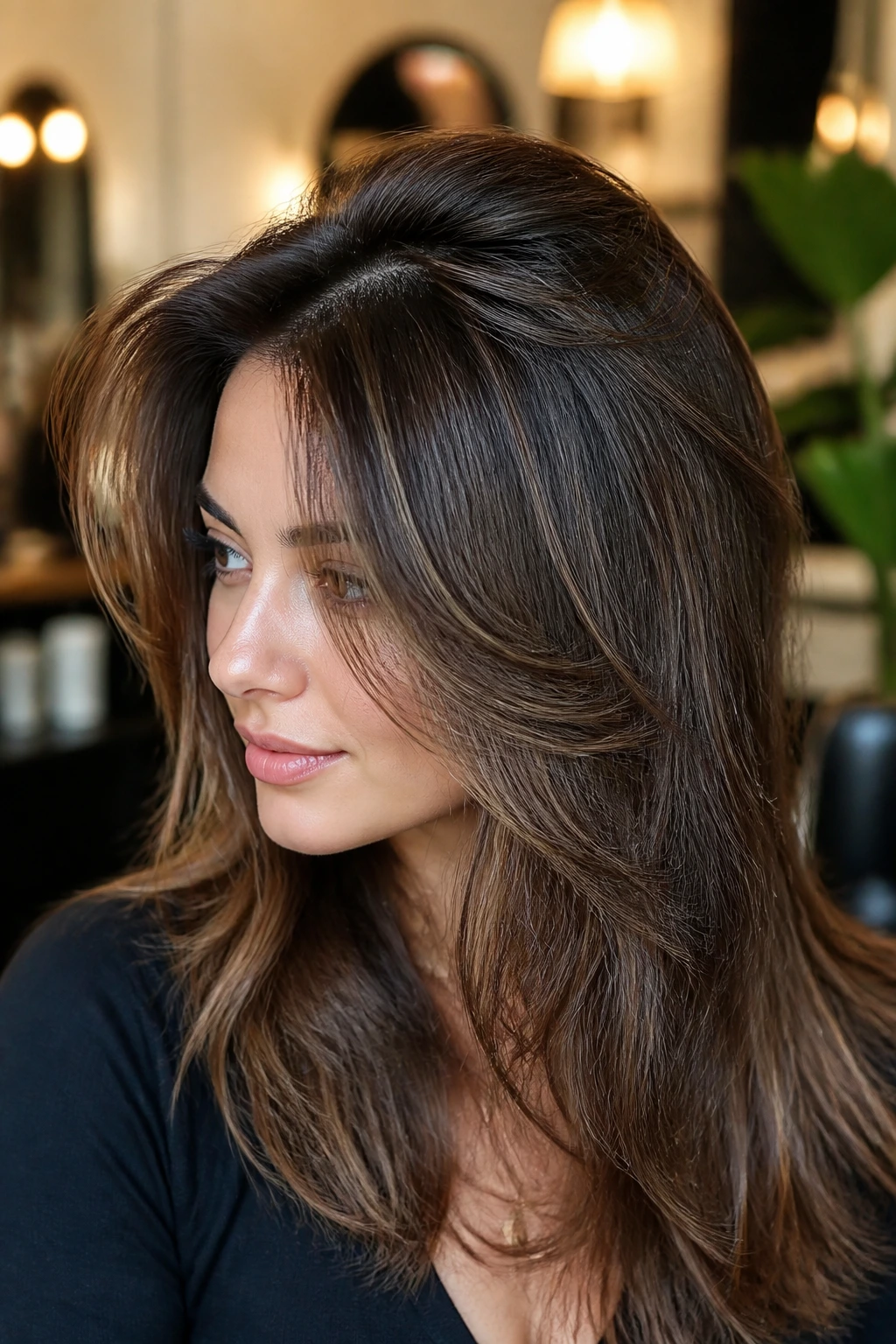 Close-up of a real person with crown-lift layers adding top volume