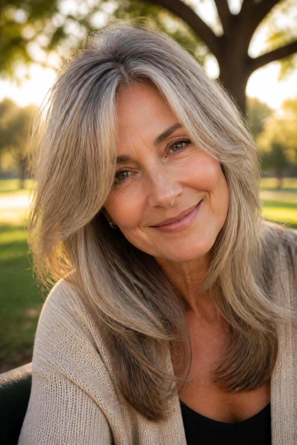 Real woman with crown-lift layers creating top height and soft front framing