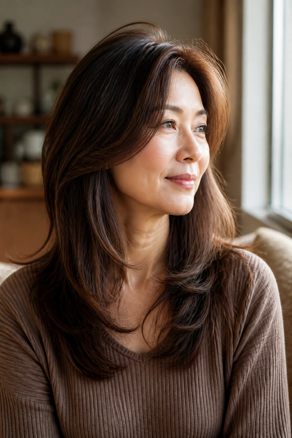 Close-up of a real woman in her 50s with crown-lift layers starting below the cheekbone for crown volume