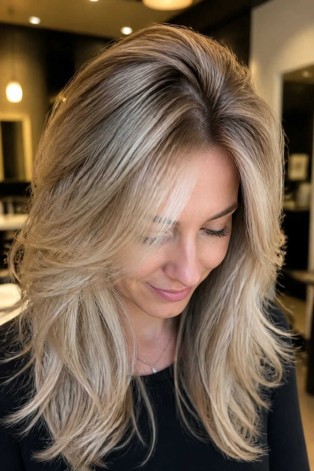 Close-up of crown lift layers on a real woman's hair in a modern salon