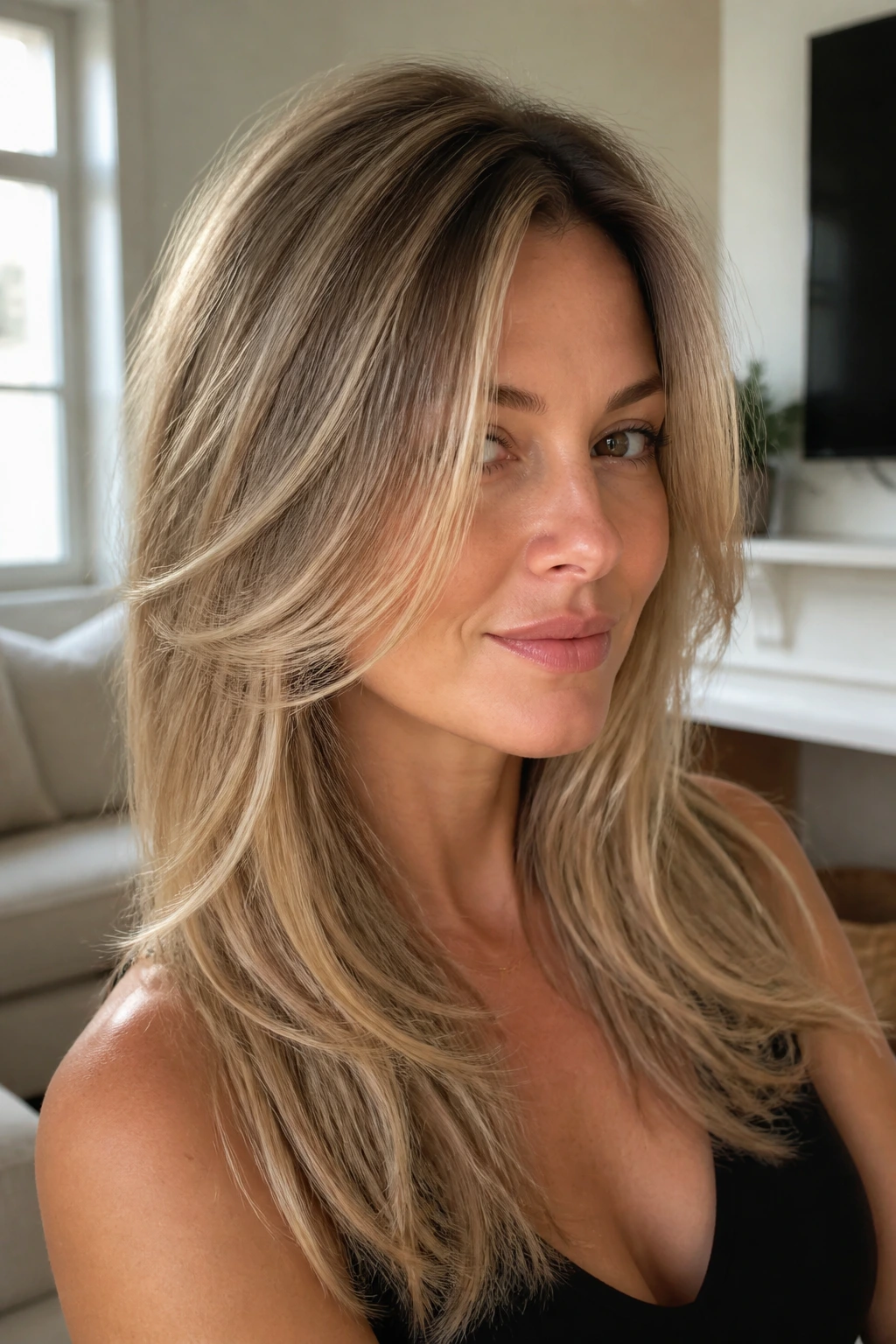 Portrait of a real woman with crown-lift layers adding crown volume.