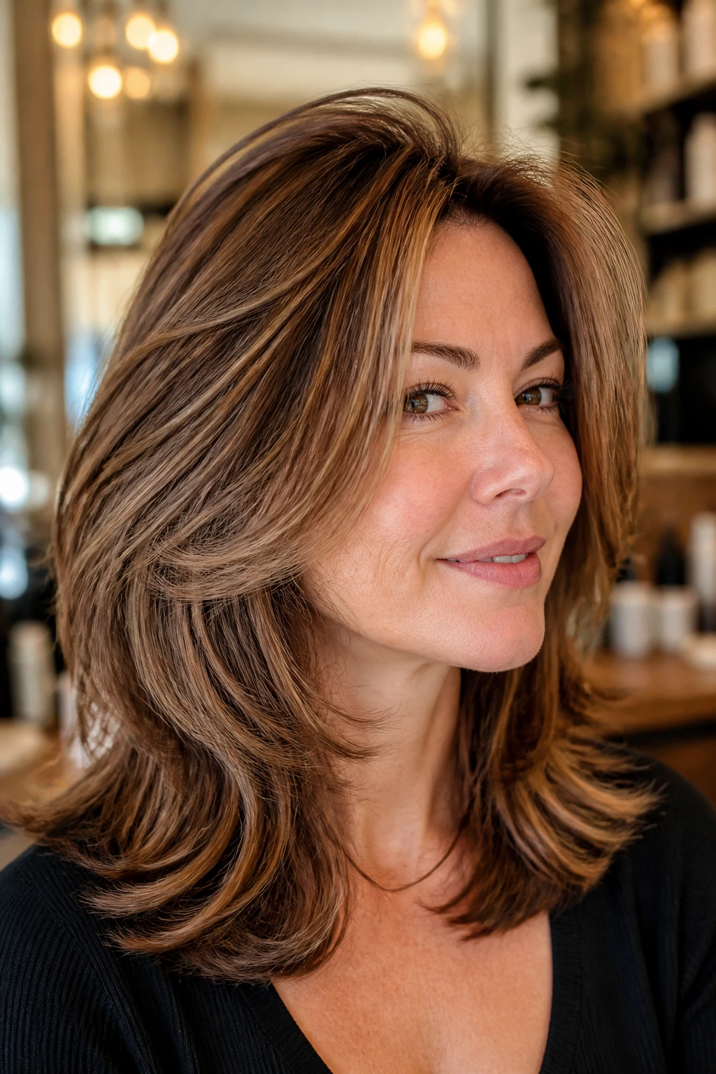 Close-up of a person with crown-lift layers and tapered ends in a salon setting