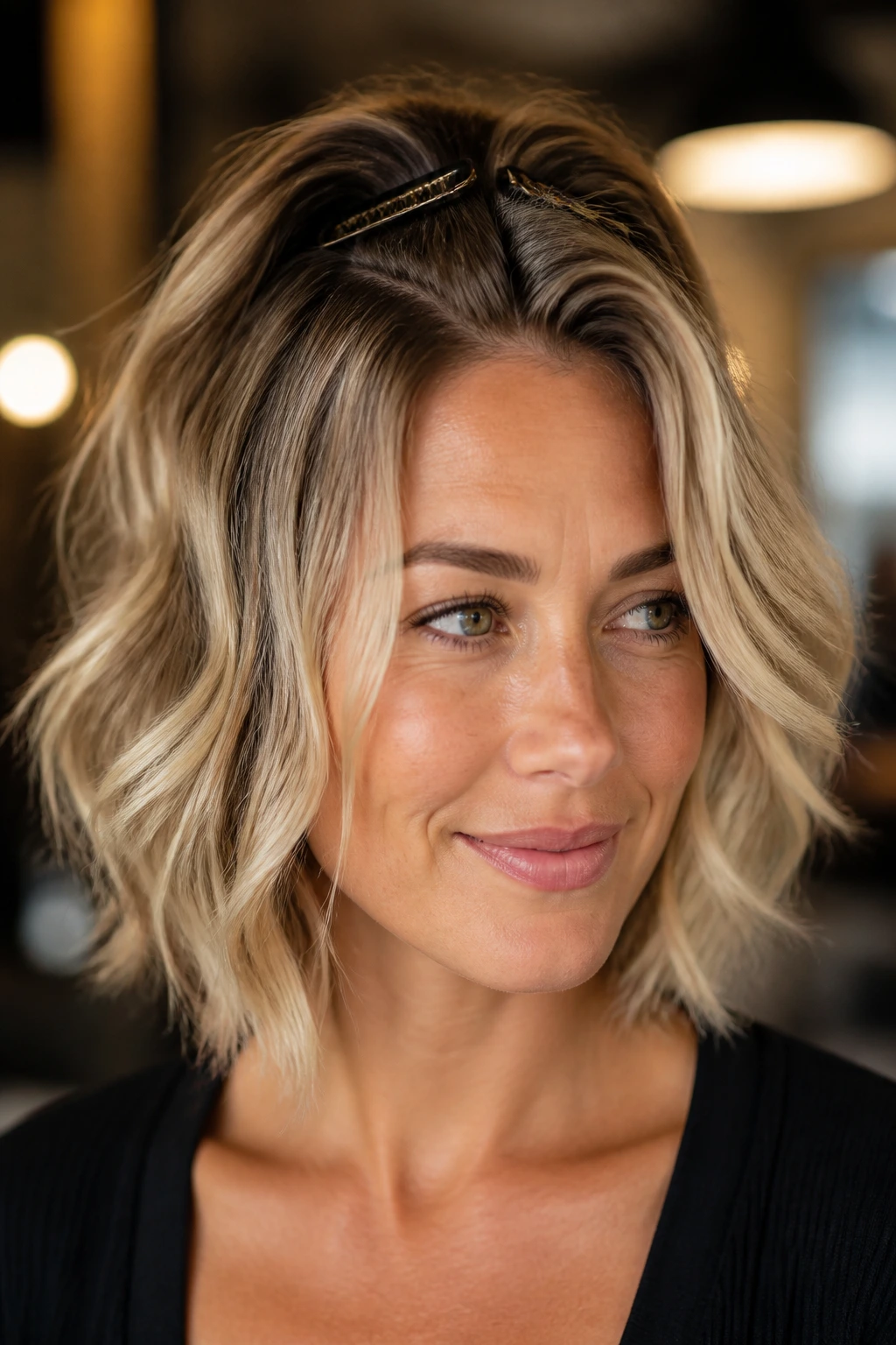 Close-up portrait of a real person with crown-lift lob and root clips