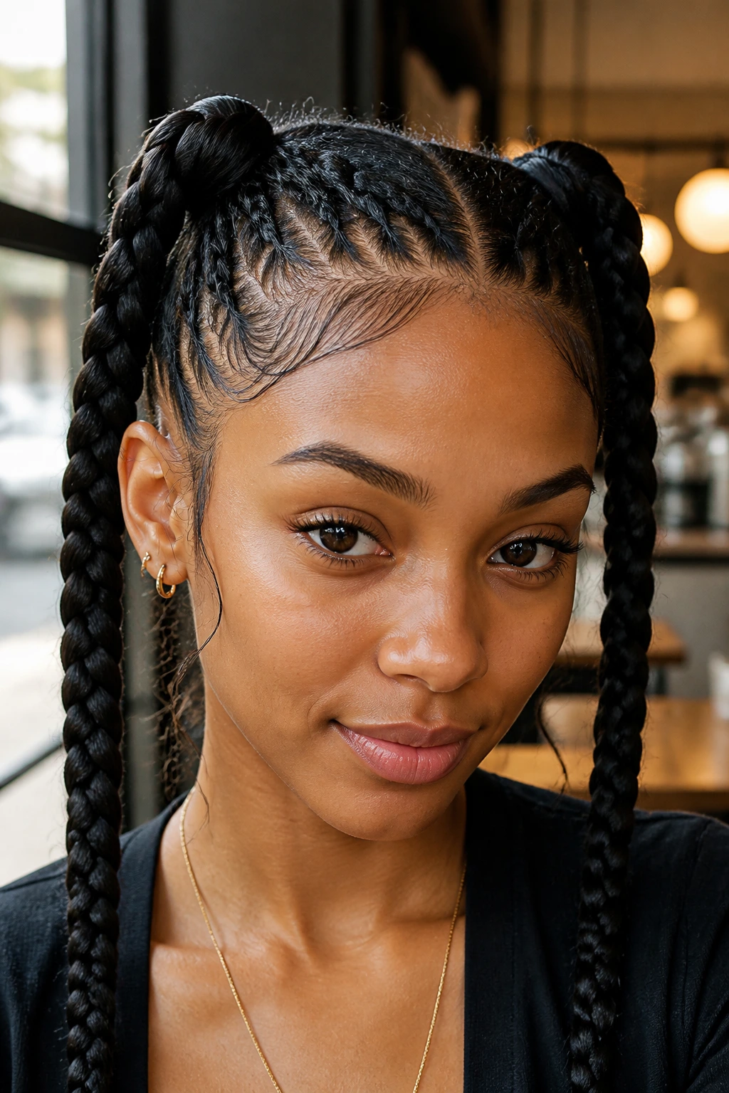 Close-up of a real woman with high pigtail braids forming a crown lift, natural daylight