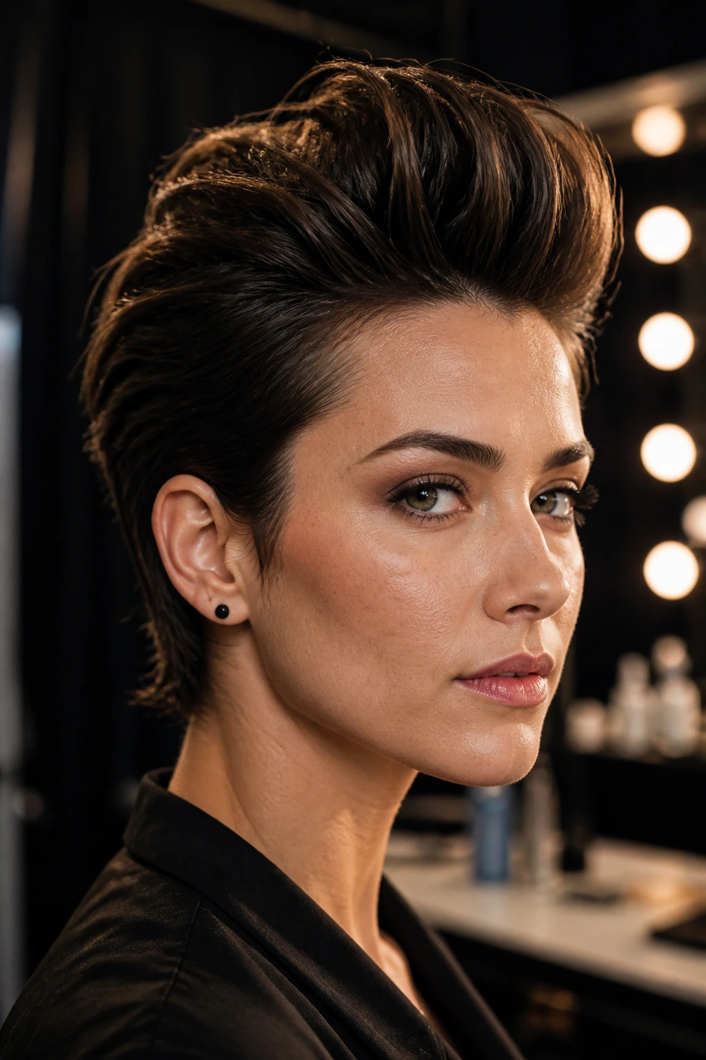 Close-up of a real woman with thick hair wearing a crown-lift pompadour with pronounced height at the crown.