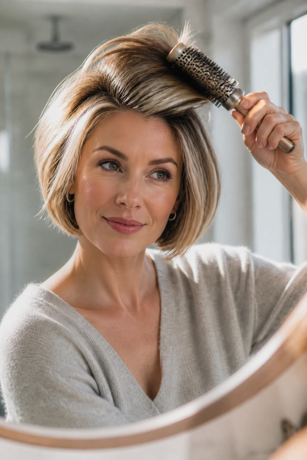 Real woman styling a bob with round brush to keep crown lifted.