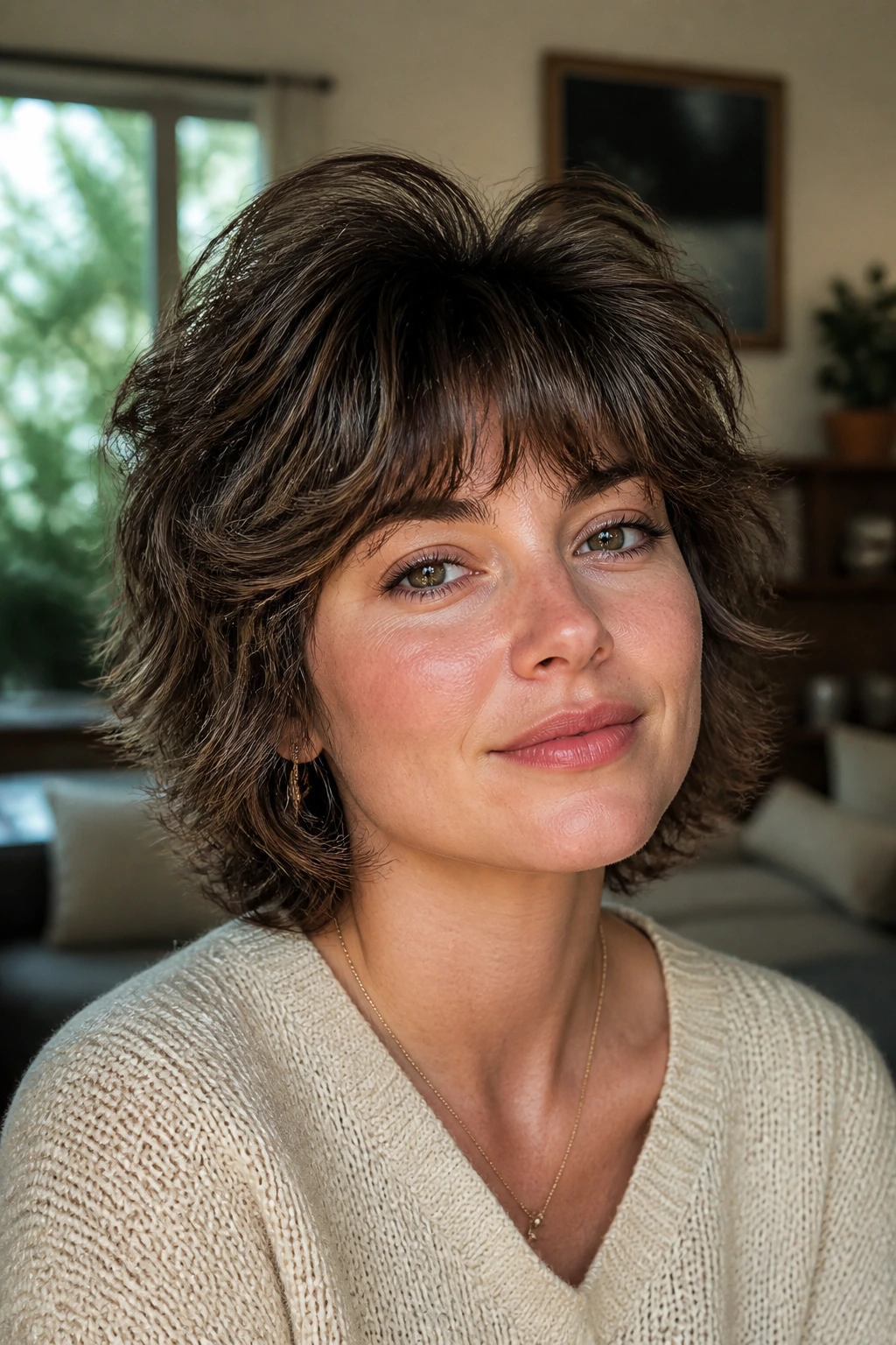 Close-up portrait of a real woman with crown-lift shag in a cozy living room