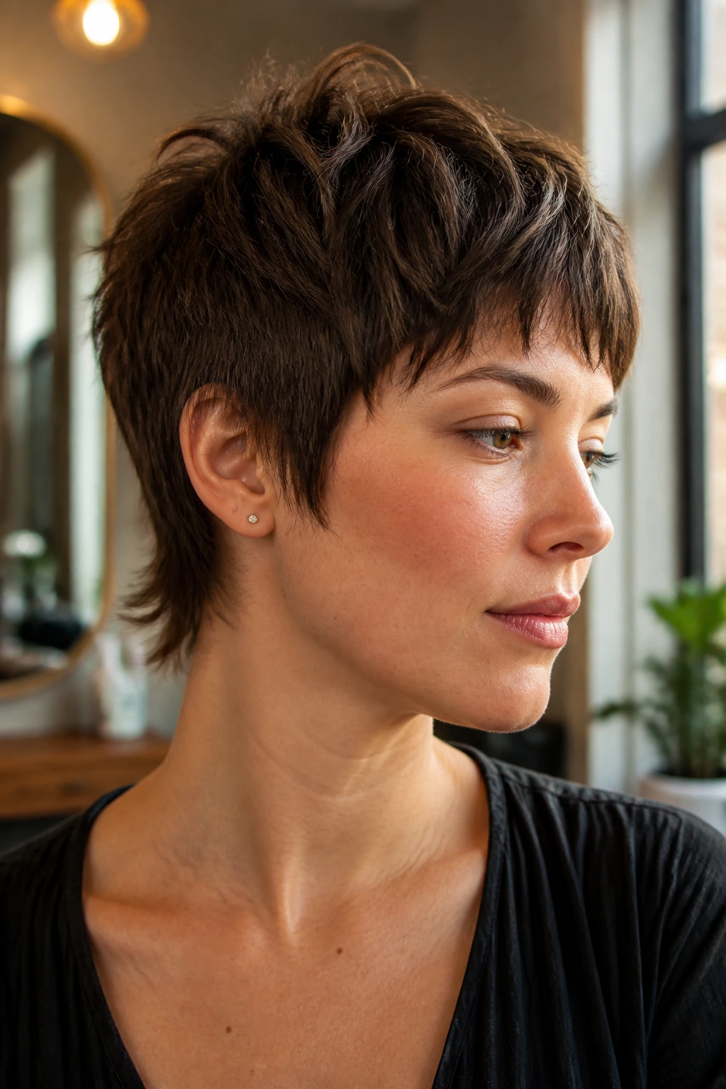 Close-up of a real woman with crown-lift crop shag highlighting crown and chipped ends