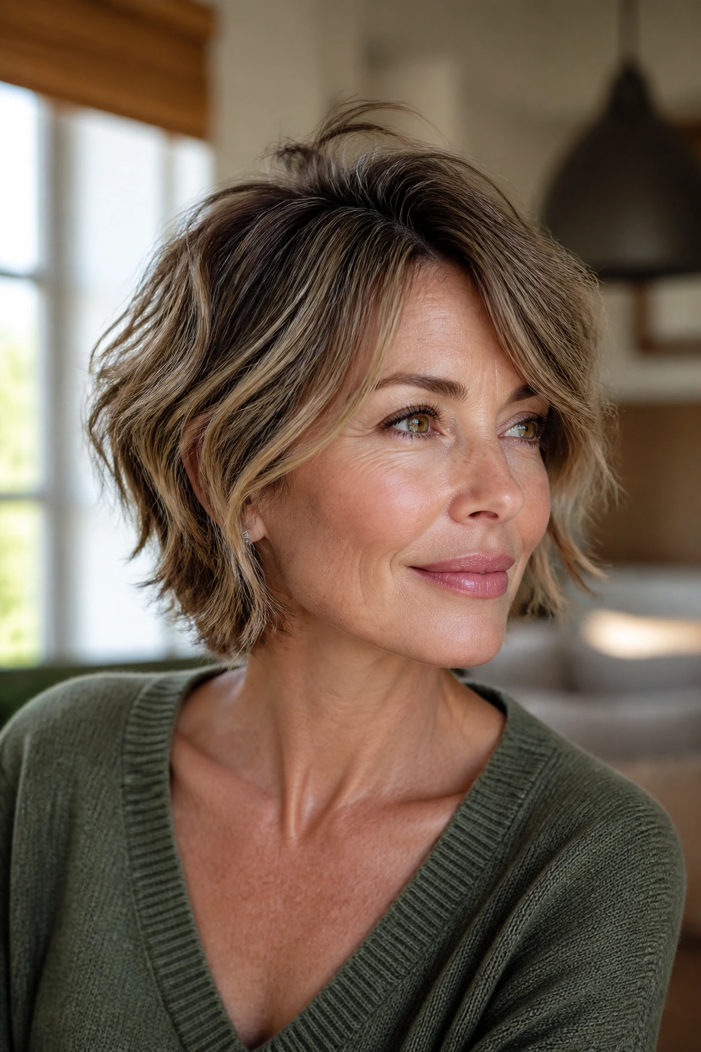 Close-up portrait of a real woman with a crown-lift shag bob under warm window light.