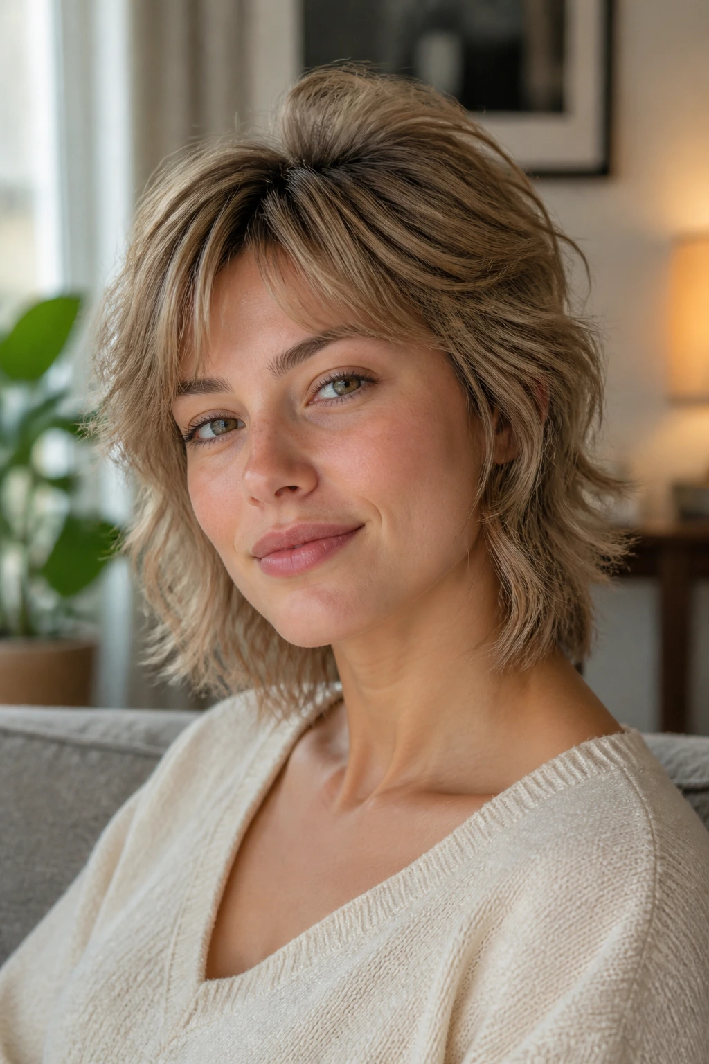 Close-up of a real person with Crown-Lift Shag for Fine Waves showing crown lift on fine wavy hair.