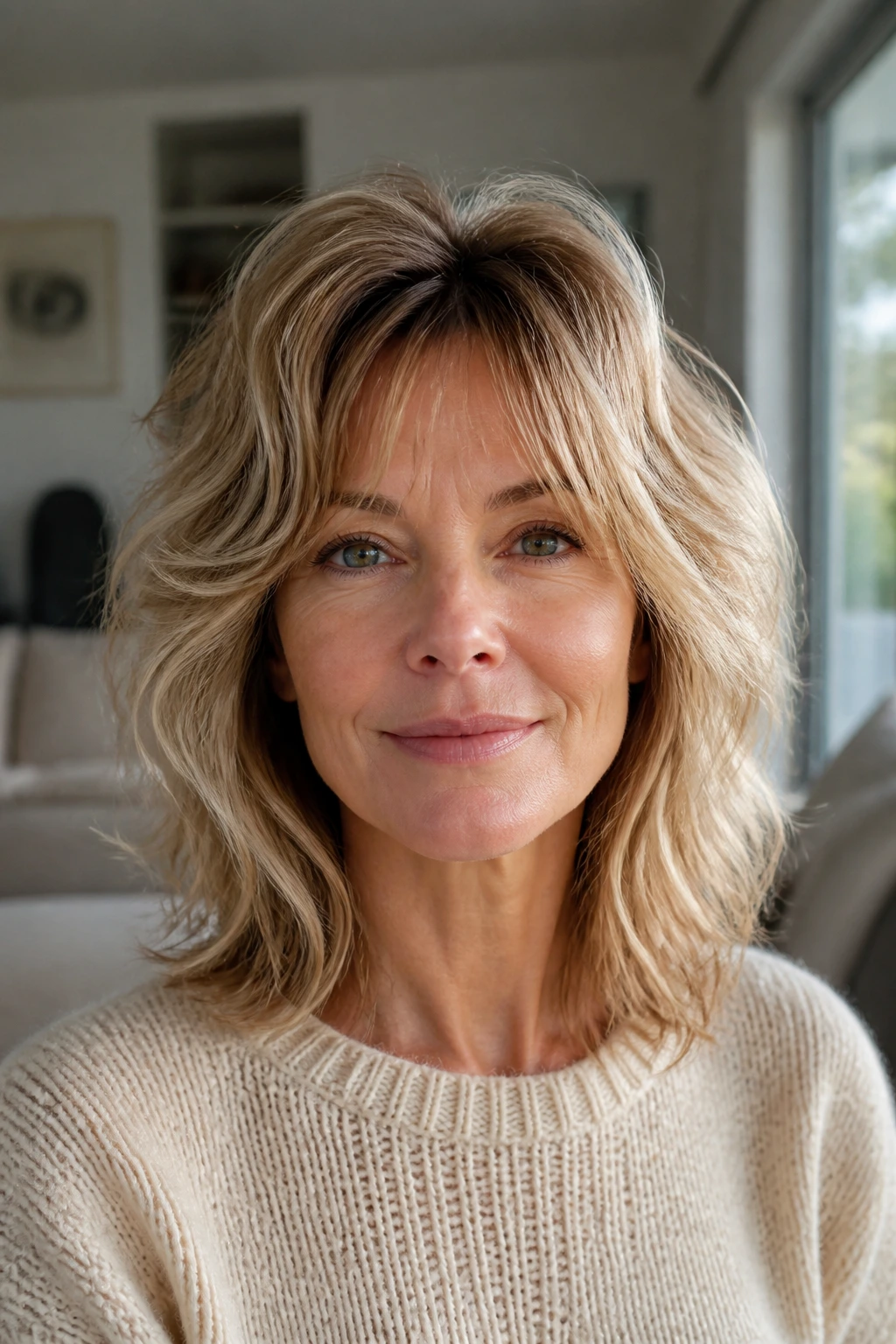Close-up portrait of a real woman with crown-lift shag showing crown height.