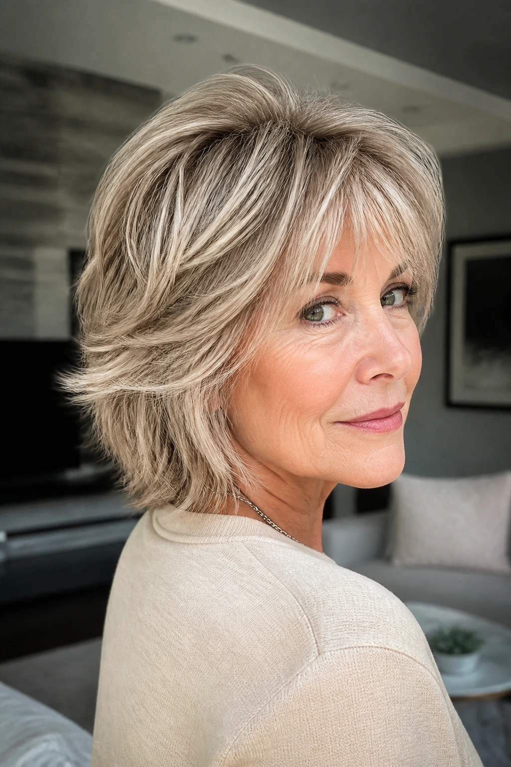 Real woman with crown-lift shag and short layers in a living room setting