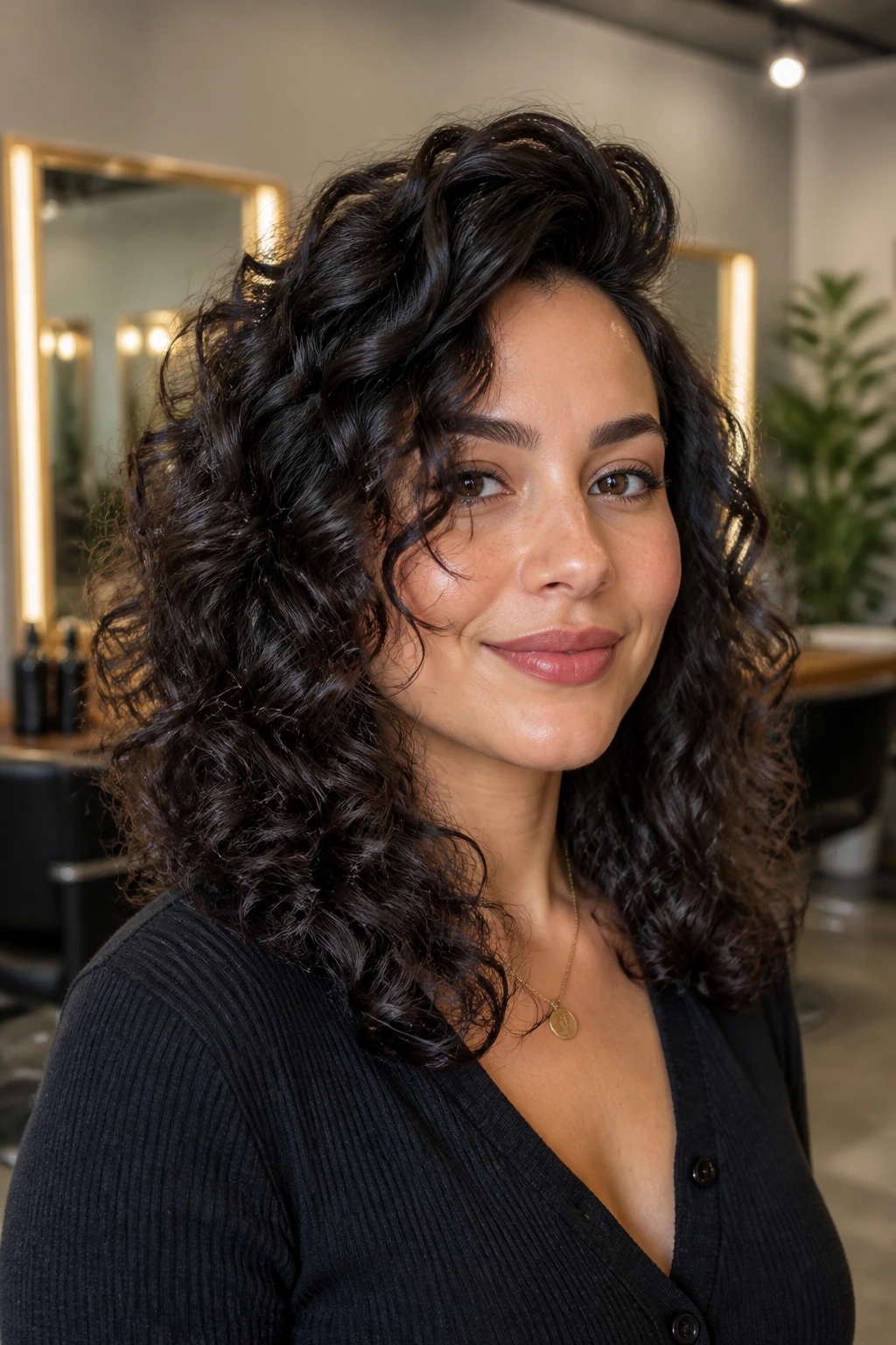 Close-up of a real woman showing crown lift in curly hair