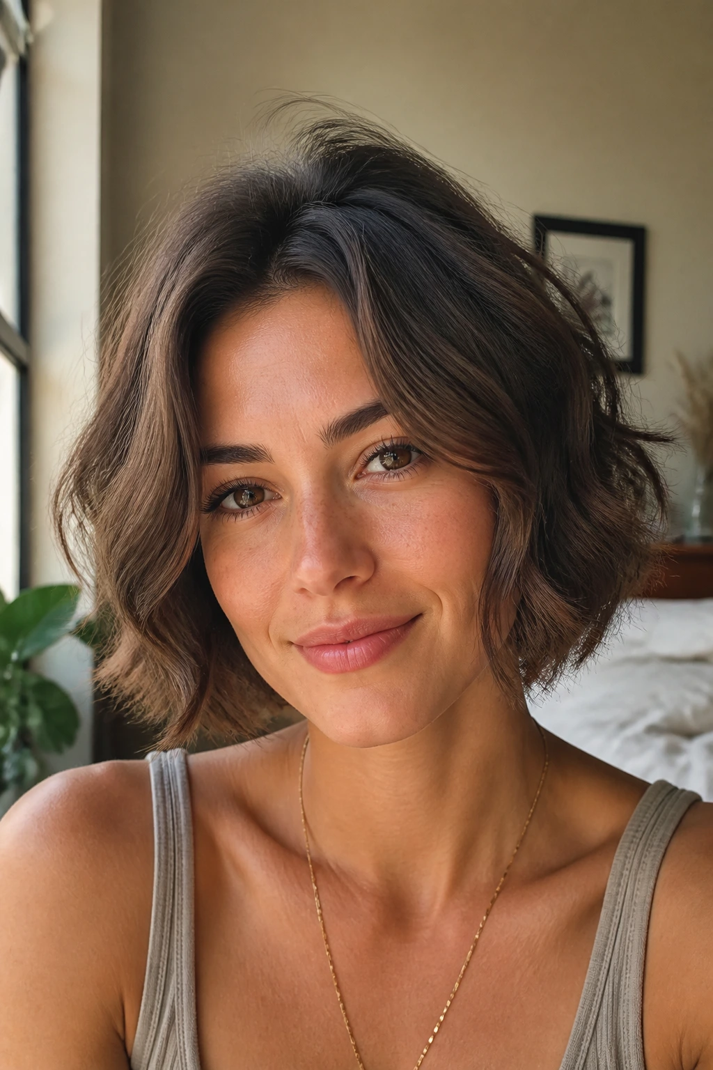 Close-up of chin-length wavy bob with lifted crown and volume