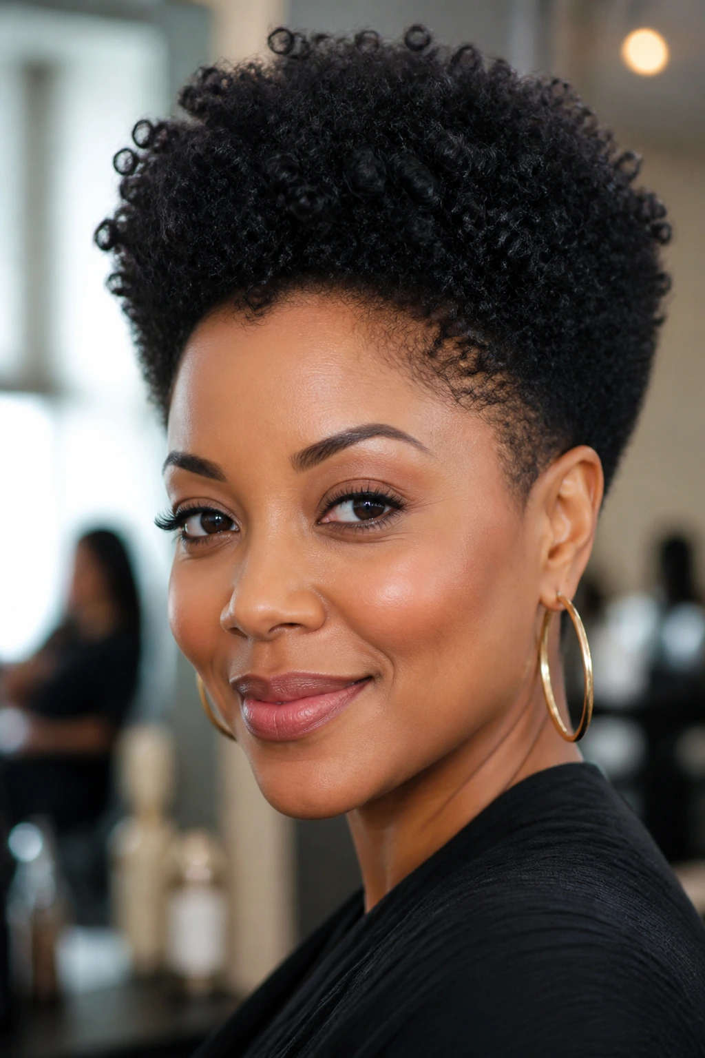 Close-up of a crown-lift tapered Afro with tapered sides and elevated crown on a real person.