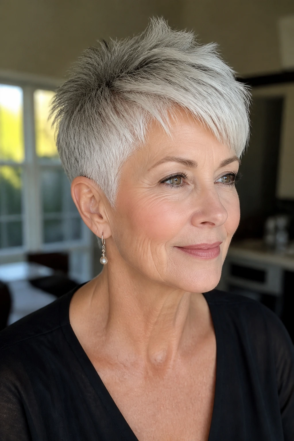 Close-up portrait of a real woman with crown-lifted tapered crop