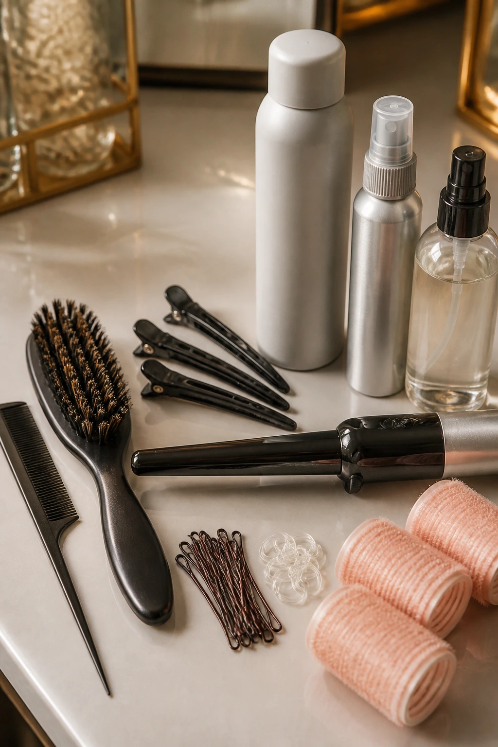 Close-up of crown lift tools laid out on a vanity to prep thick hair