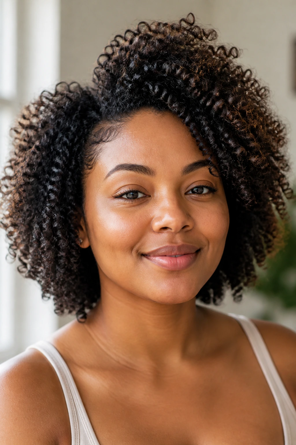 Real woman with crown-lift wash-and-go hairstyle in natural light