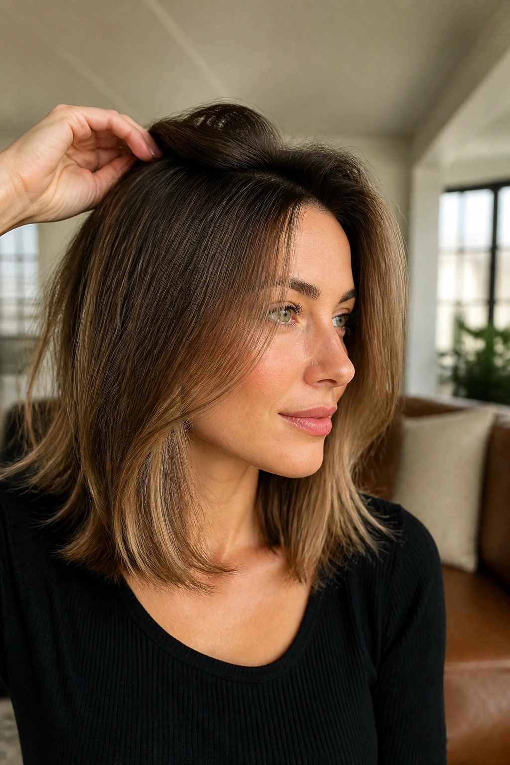 Portrait showing crown lift and soft ends shaping the lob silhouette.