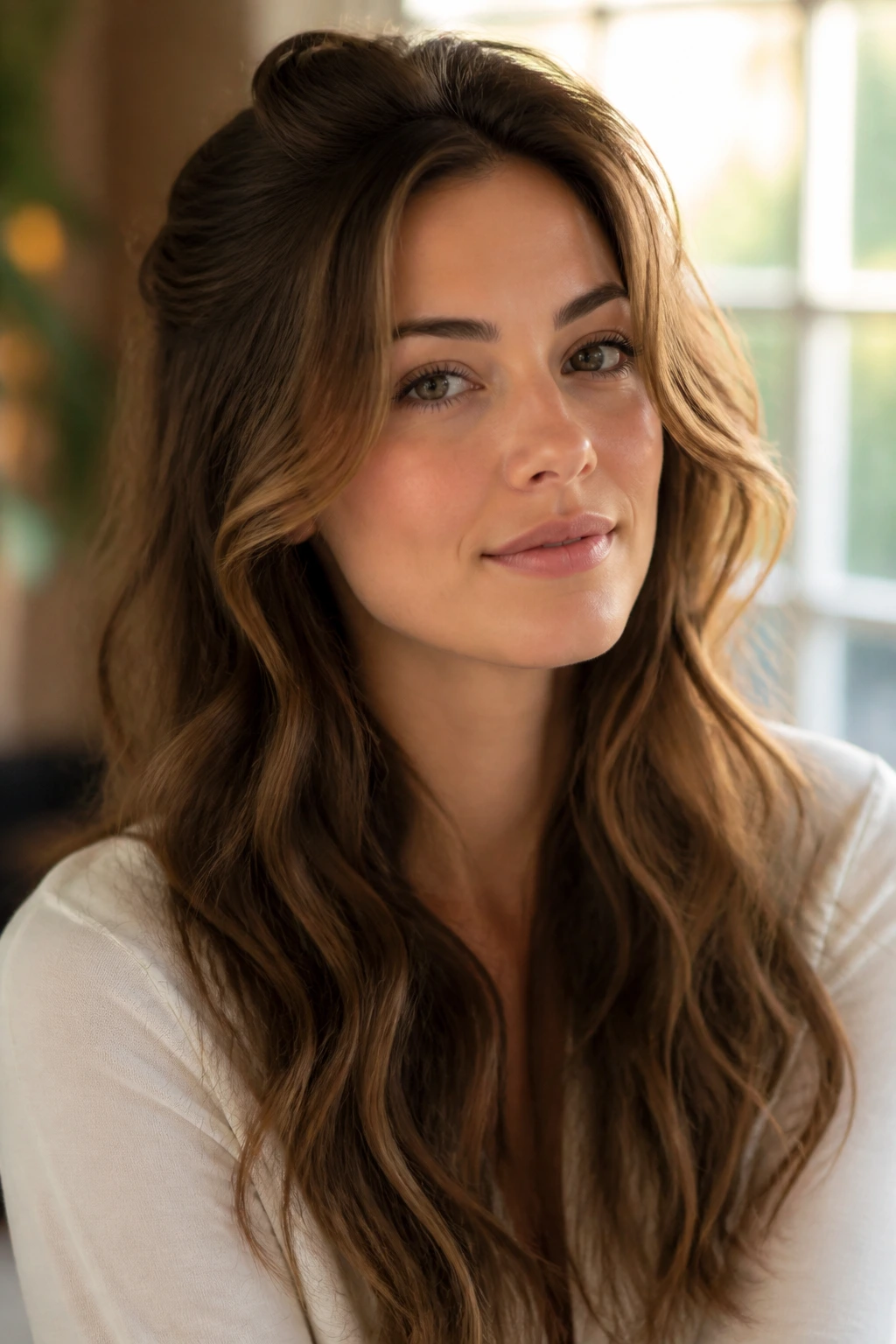 Portrait of a real woman with lifted crown and face-framing waves