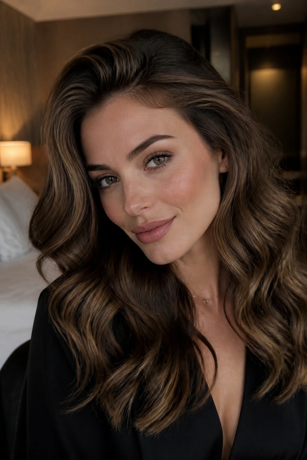 Close-up of a real woman with crown-lift bombshell waves in a chic setting.