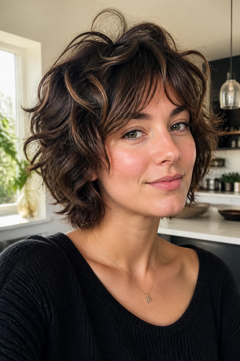 Close-up portrait of a real woman with Crown-Lift Wolfcut in bright kitchen light