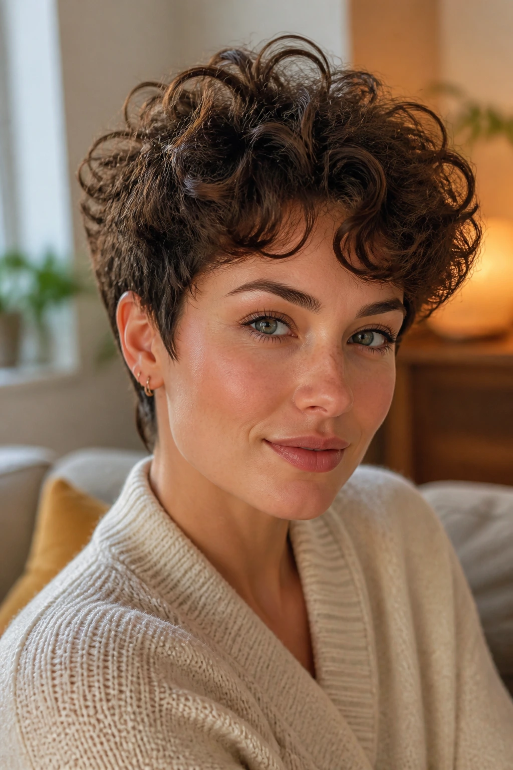 Close-up of a real woman with a crown-lifted curly pixie hairstyle.