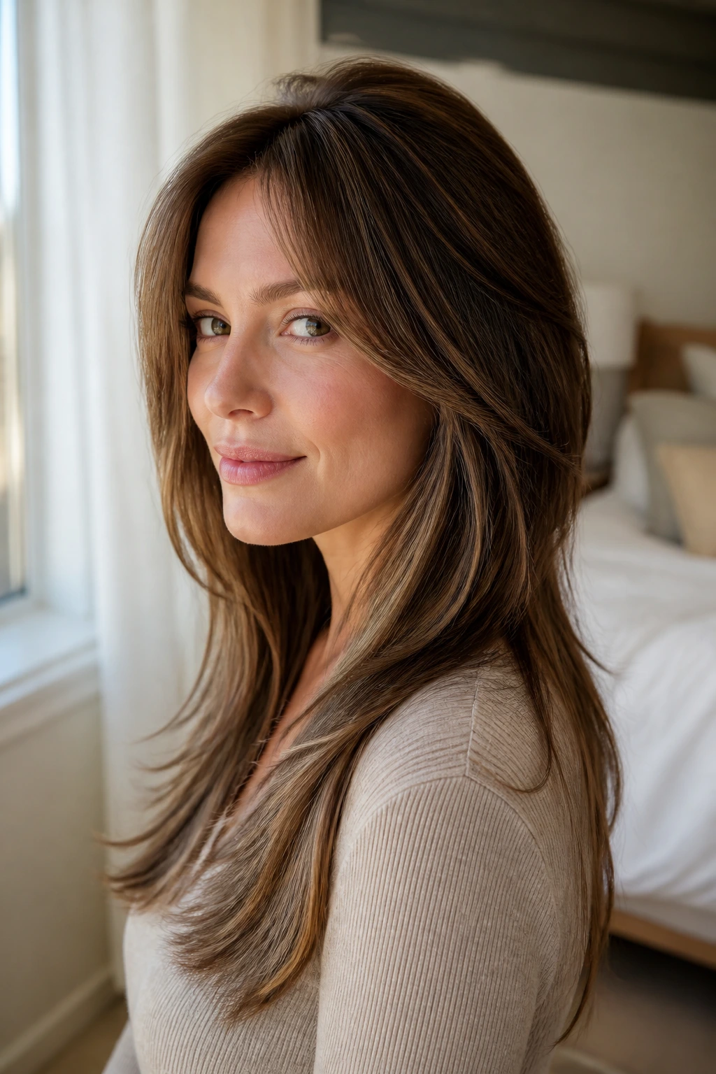 Close-up portrait of a real woman with crown-lifted long layers for fine hair