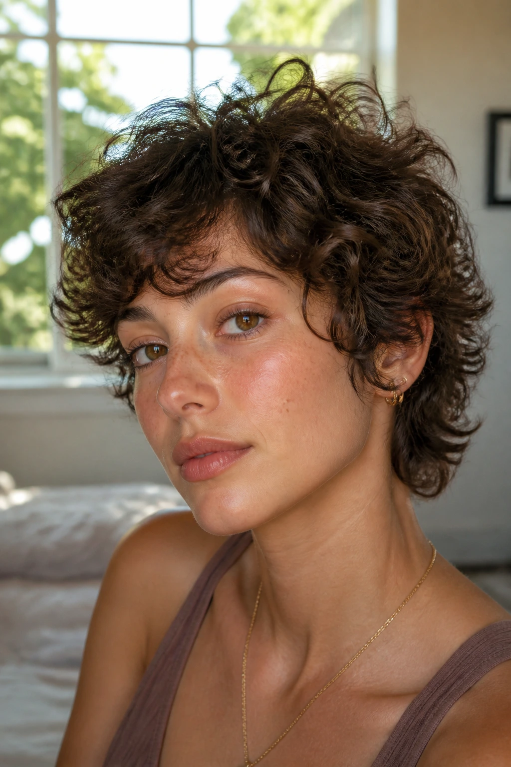 Close-up of a real woman with crown-lifted curly short shag and soft side-swept bangs in a warm bedroom
