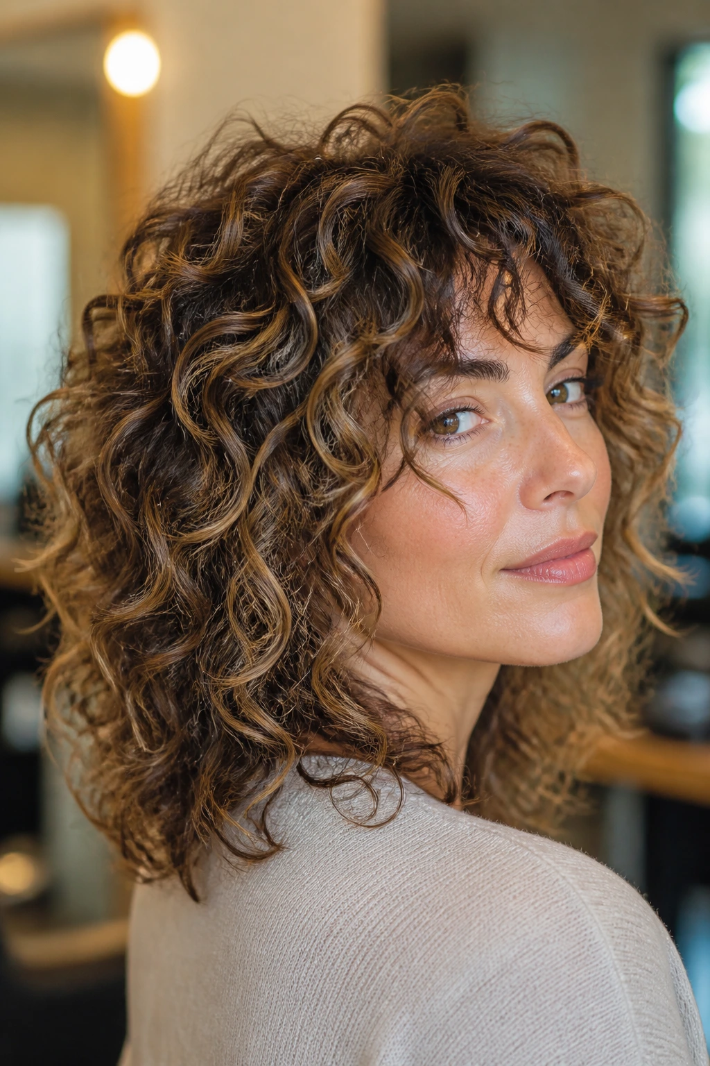 Close-up of crown-lifted curly shag with honey babylights on a real person, crown height and movement