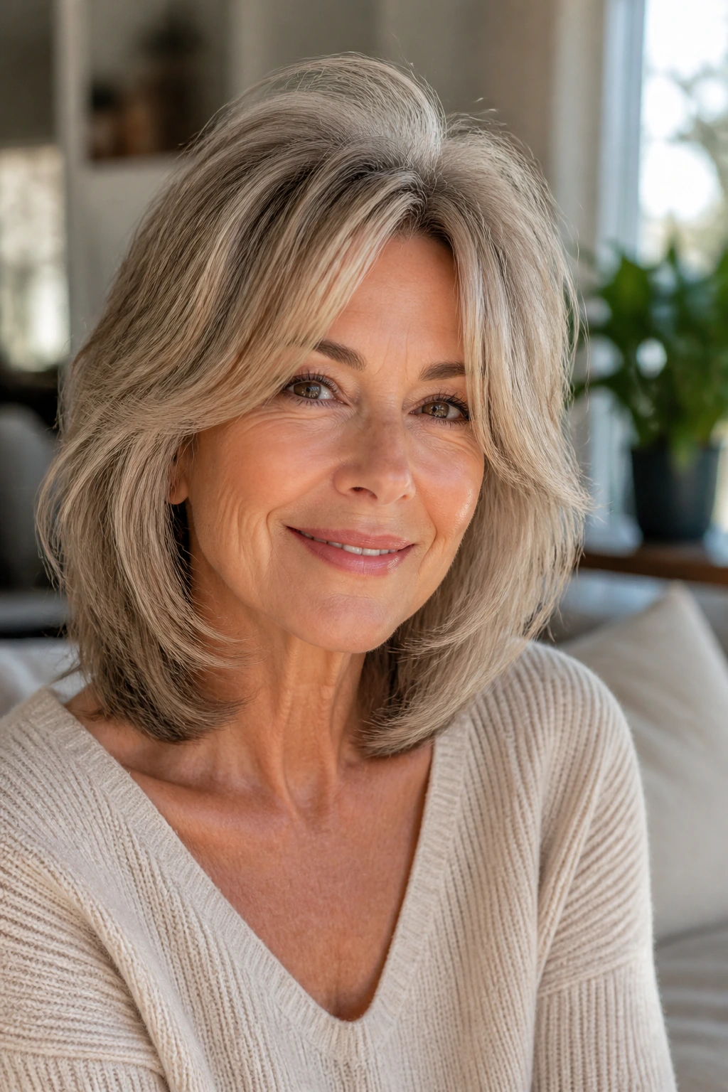 Close-up portrait of a real woman with crown-lifting mid-length layers and lifted crown.