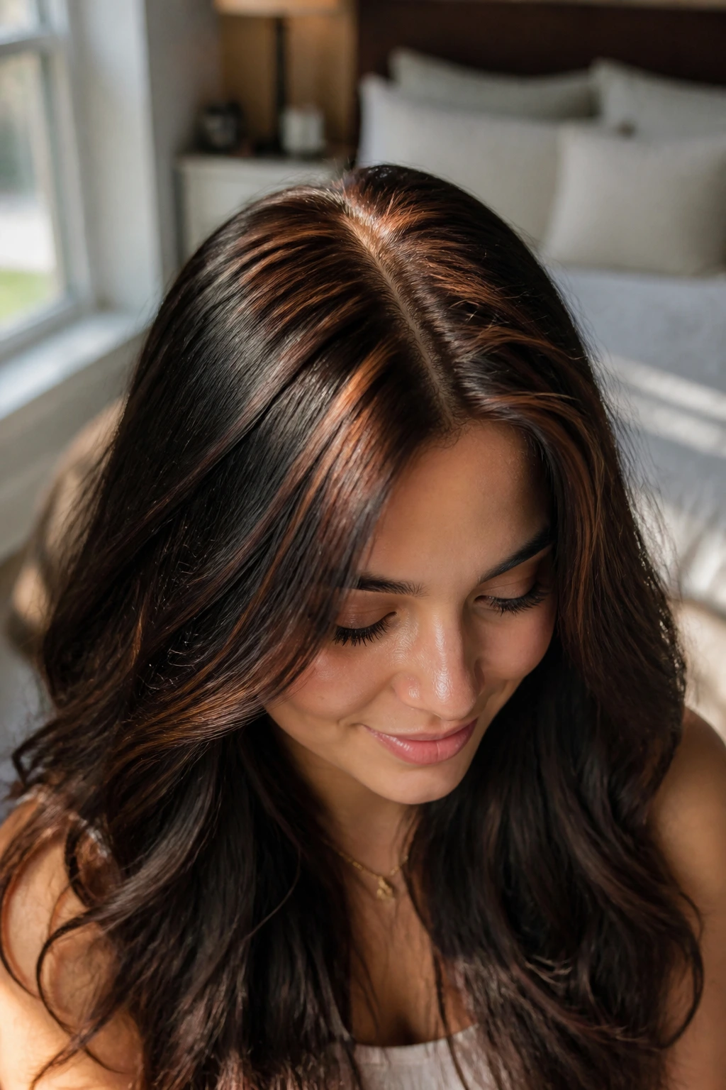 Close-up portrait of a real woman with crown lights at the part on thick hair, sunlit crown area.