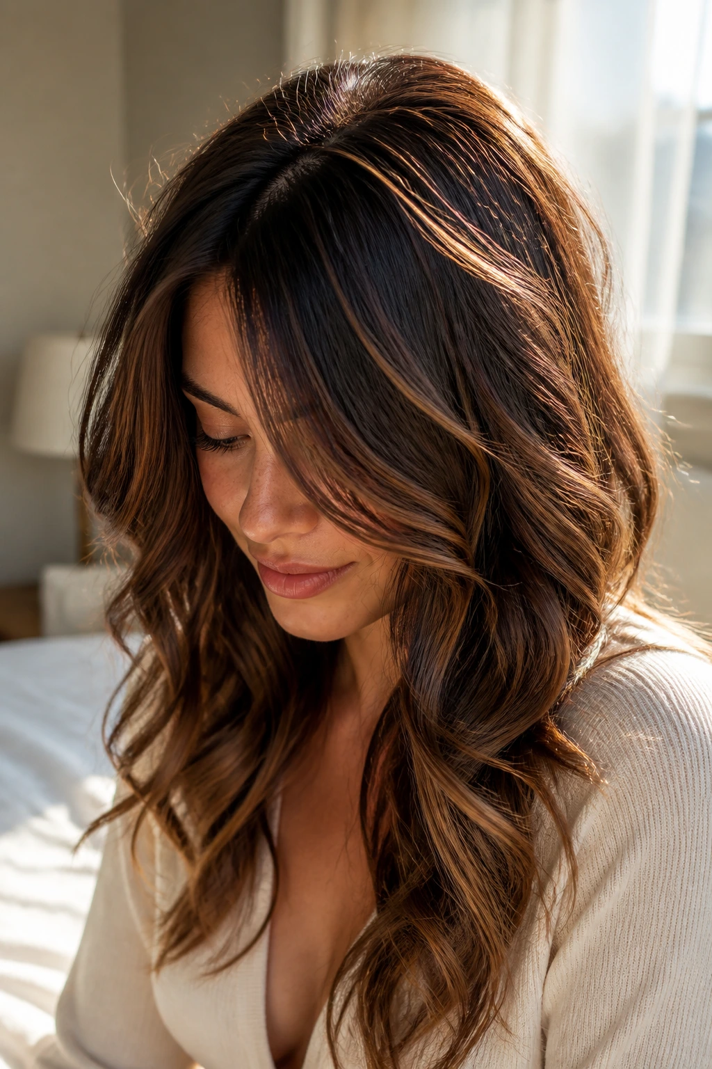 Close-up of real woman with sunlit crown lights on layered waves and honey accents